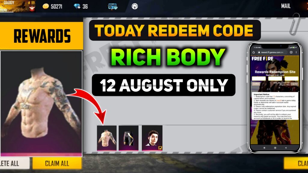 free fire redeem code today 12 august