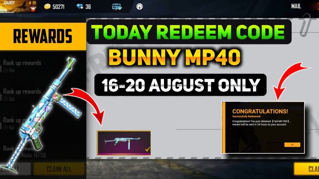 free fire bunny mp40 redeem code today 17 august